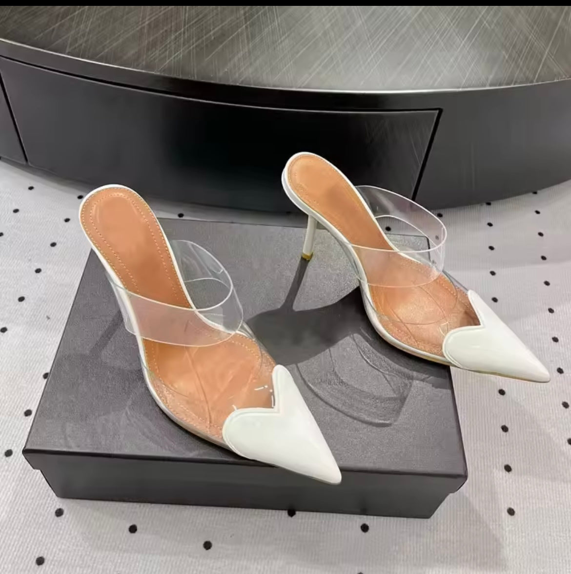 Elegant Pointed Toe Transparent PVC Heart High Heels Mules Slippers Shoes