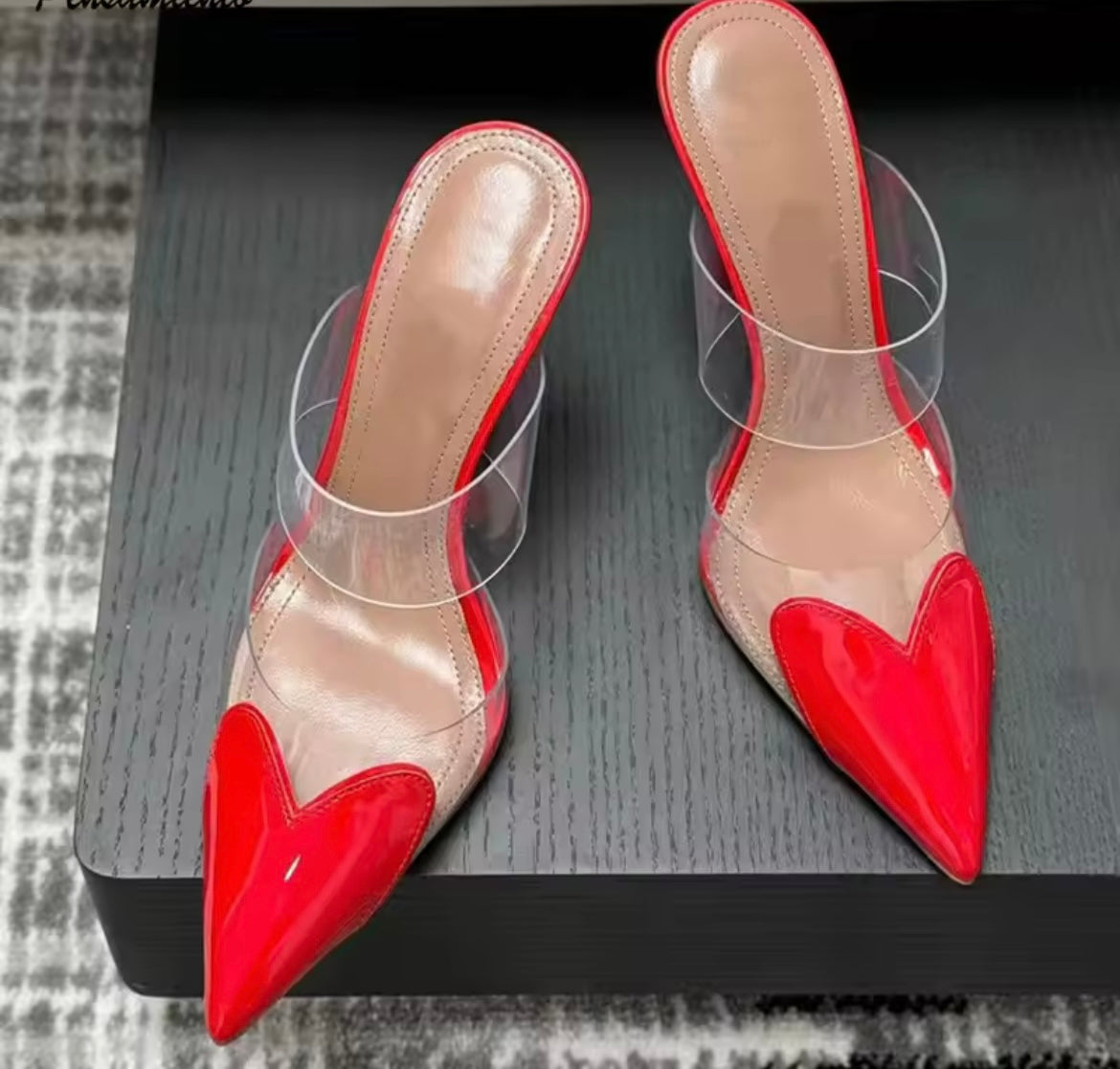 Elegant Pointed Toe Transparent PVC Heart High Heels Mules Slippers Shoes