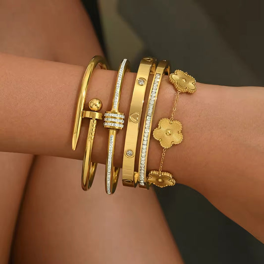 Europe hot stainless steel four leaf clover lucky gold bangles bracelet for women